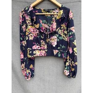 Milk & Honey Navy Floral Long Sleeve Crop Ruffle Tie Shirt Med Feminine